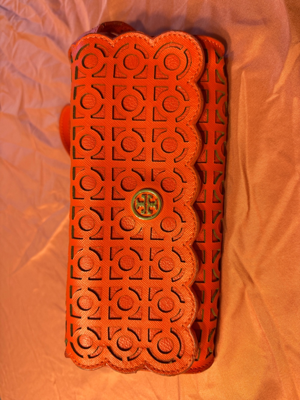Tory Burch Orange Scalloped Laser-Cut Clutch with Gold Logo